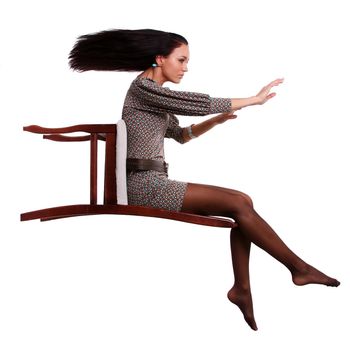 Brunette woman in elegant dress sit on chair
