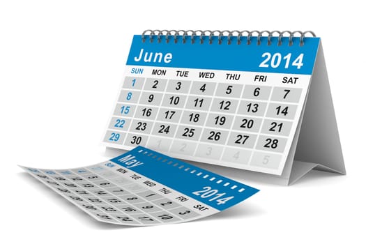 2014 year calendar. June. Isolated 3D image