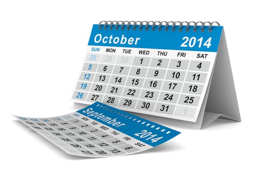2014 year calendar. October. Isolated 3D image