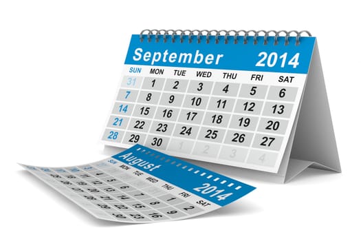 2014 year calendar. September. Isolated 3D image