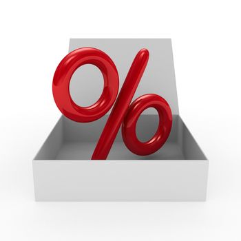 Open box with percent on white background. Isolated 3D image