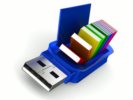 usb flash drive and books on white background. Isolated 3D image