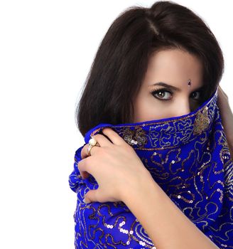 young pretty woman in indian blue dress