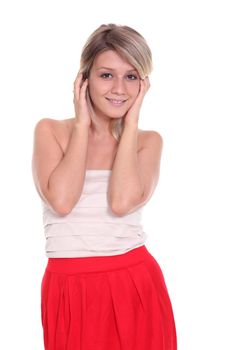 Happy young woman in red dress.