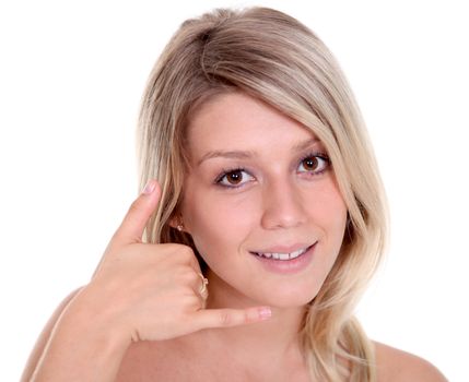 Beautiful woman making a call me gesture