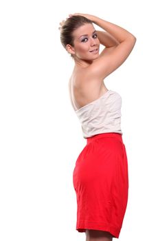 Happy young woman in red dress.