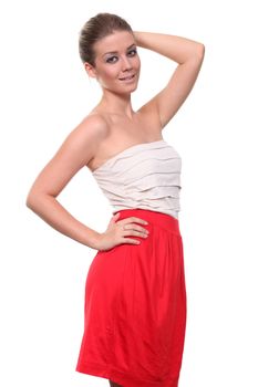 Happy young woman in red dress.