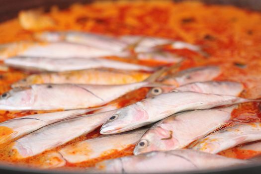 Fish Curry cooked in a frying pan