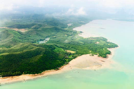 Aerial view of the tropical shore covered by green trees