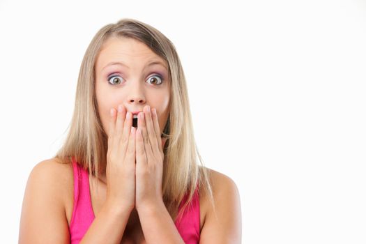 Close up portrait of a shocked girl on white background