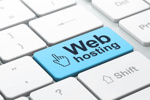Web development concept: computer keyboard with Mouse Cursor icon and word Web Hosting, selected focus on enter button, 3d render