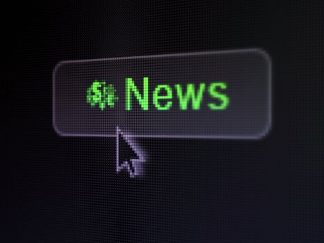 News concept: pixelated words News and Finance Symbol icon on button whis cursor on digital computer screen background, selected focus
