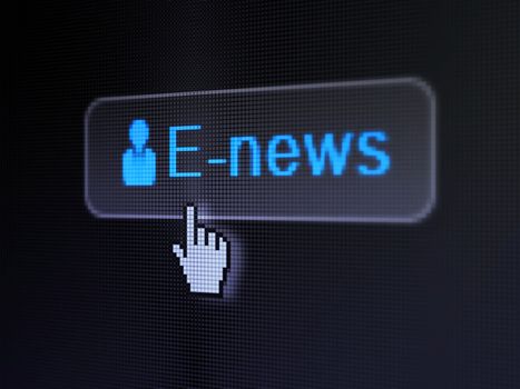 News concept: pixelated words E-news and Business Man icon on button whis cursor on digital computer screen background, selected focus