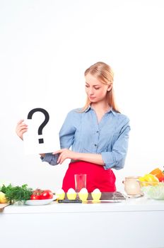 woman holding a plate with question mark