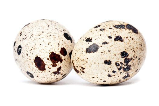 Two small quail eggs on white background