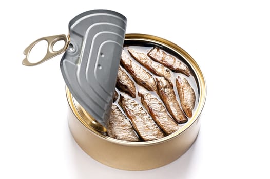 Open can of tinned sardines on white background