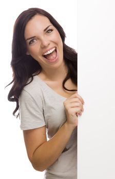 Laughing Mixed Race Female Holding Blank Sign  Isolated on a White Background. 
