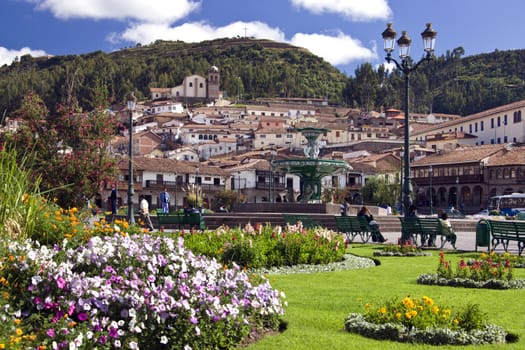 The gardens in the Plaza de Armas in the city of Cuzco in Peru