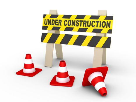 3d Under Construction sign and traffic cones