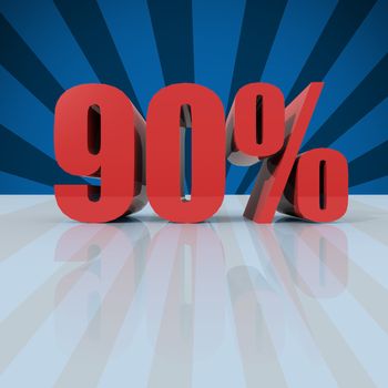 3D rendering of a 90 percent in red letters on a blue background 