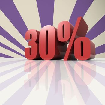 3D rendering of a thirty percent in red letters on a violet background 