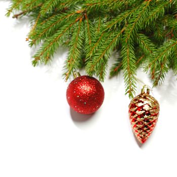 Christmas balls and green spruce branch isolated white background