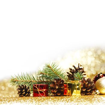 New year card with fir branch and decoration