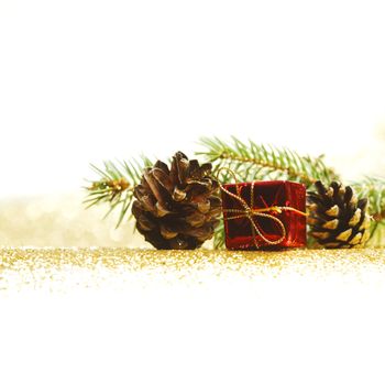 New year card with fir branch and gifts