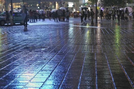 rainy pavement reflection by  night with crowd apart in Tokyo Metropolis, focus on pavement