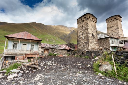 Small mountain village Ushguli in Caucasus mountains. Georgia
