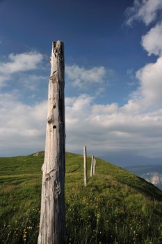 the remains of an old wooden fence guarding the top of the mountain