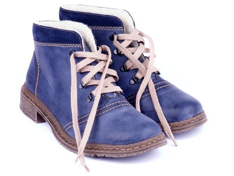 Comfortable Leather Winter Blue Shoes isolated on white background