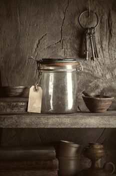 Group of antique objects on an old wood