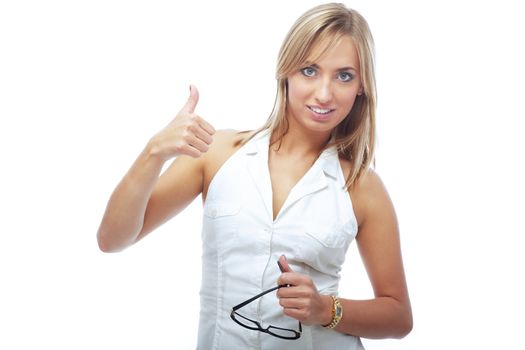 Elegant lady with eyeglasses making OK sign