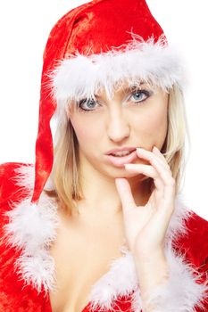 Blond lady in the red Santa Claus costume on a white background