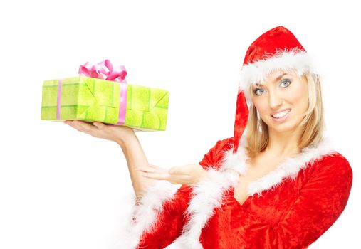 Female in the red furry Santa Claus dress and hat holding gift box on a white background