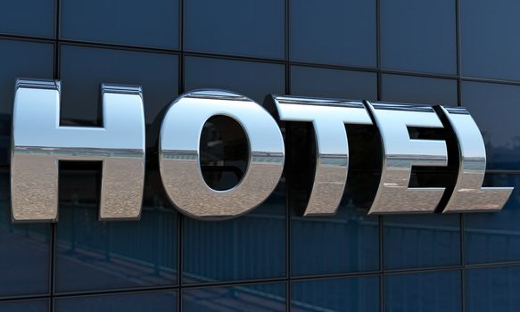 hotel facade with rounded letters and chrome done in 3d