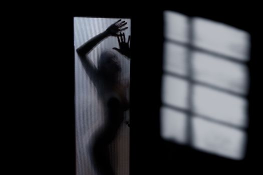 Silhouette of the sexy woman behind the glass door. Interior with deep shadows