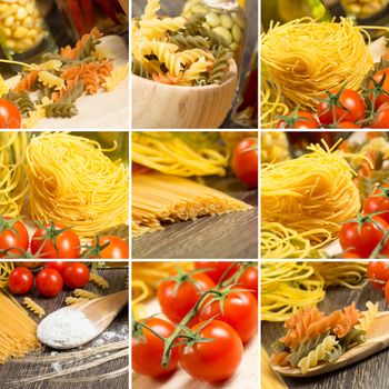 pasta and cherry tomatoes, collage from several images