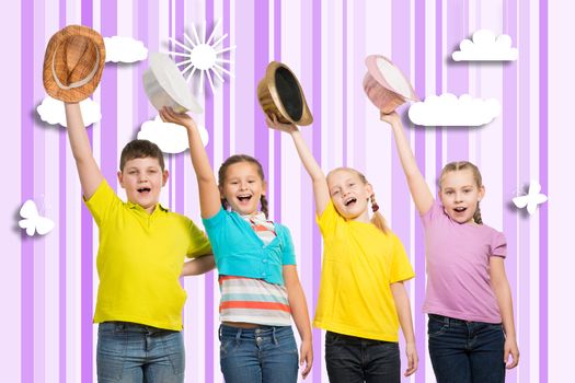 children in a row, wearing a hat. hands up and laugh