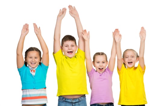 children stand in a row and hands up