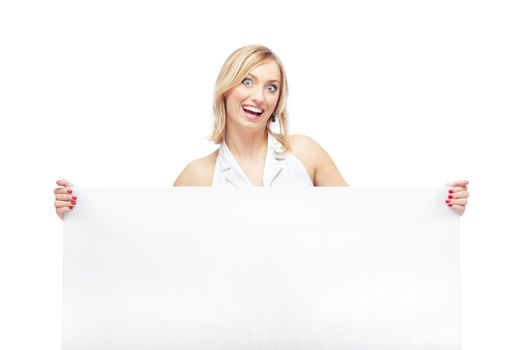 Happy woman holding the blank paper for any message