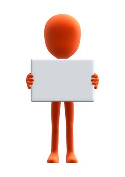 3D digital render of an orange little guy holding a white empty board isolated on white background