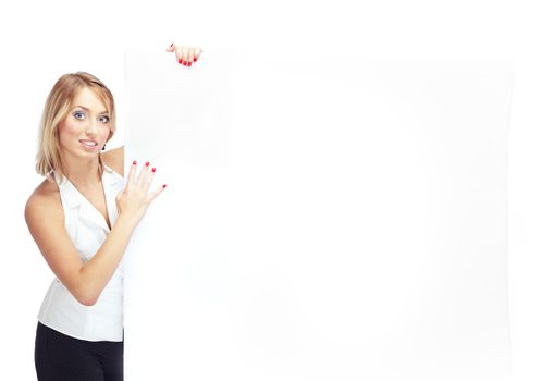 Blonde woman holding the blank billboard for any message