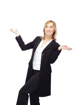 Successful businesswoman in black formal suit on a white background