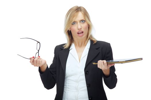 Angry businesswoman holding glasses and documents on a white background