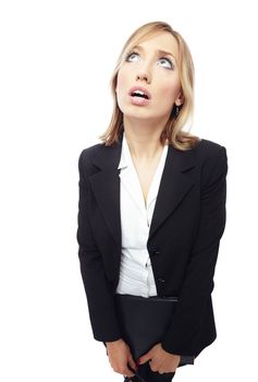 Wide-angle photo of thinking businesswoman on a white background