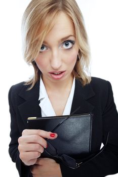 Wide angle portrait of unsuccessful businesswoman holding glasses and document folder