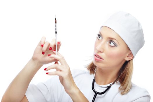 Doctor with single-use syringe on a white background