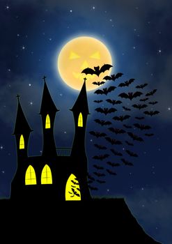 Halloween house party full moon, illustration 